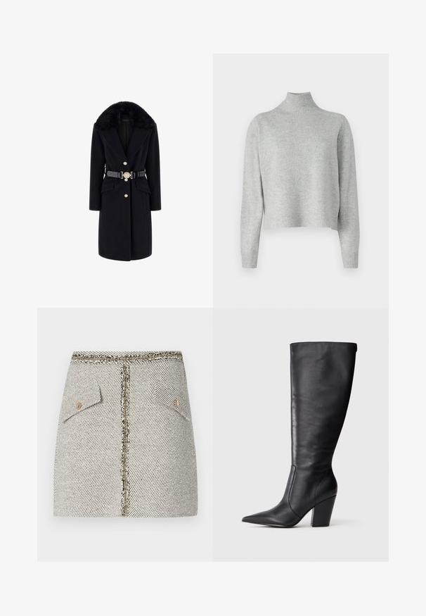 Musta villakangastakki, jossa on tekoturkishuppu, kultaiset napit, etutaskut ja musta vyö koristeellisella pyöreällä soljella. Pitkät hihat ja muotoiltu istuvuus.; Vaaleanharmaa pooloneule, joka on valmistettu pehmeästä neulekudoksesta. Siinä on pitkät hihat sekä ribbadut reunat ja hihansuut. Ei kuvioita tai metalliosia.; Kudottu tweed-hame valkoisen ja mustan herringbone-kuvion kanssa, jossa on kaksi etutaskua ja kultasävyinen vetoketju takana, jossa on kuluneet reunat.; Mustasirinnat mustat nahkasaappaat, joissa on terävä kärki ja paksu korkea korko, esitetty vasemman sivuprofiilin näkökulmasta valkoista taustaa vasten.