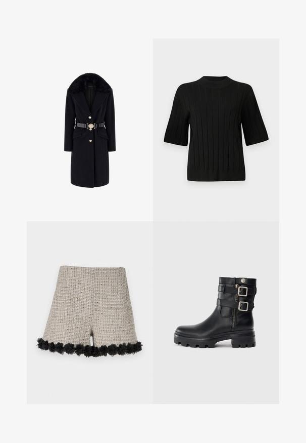 Black wool coat with a faux fur collar, gold buttons, front pockets, and a black belt with a decorative round buckle. Long sleeves and tailored fit.; Black short-sleeve sweater with ribbed texture and a high neckline, featuring vertical lines and a fitted silhouette.; Tweed shorts in beige with a textured pattern, featuring a black floral trim at the hem. The design includes an overall tailored shape.; Black leather ankle boot with double buckle accents, zip closure, chunky sole, and smooth texture. Features a rugged, stylish design.