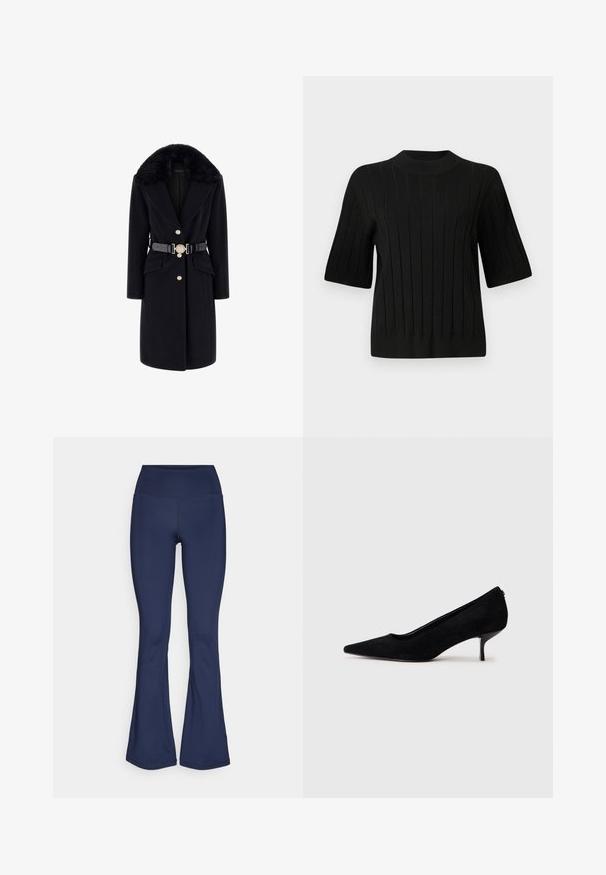 Fekete gyapjúkabát műszőrme gallérral, aranygombokkal, elülső zsebekkel és díszes kerek csattal ellátott fekete övvel. Hosszú ujjak és igényes szabás.; Fekete, rövid ujjú pulóver bordás textúrával és magas nyakkivágással, függőleges vonalakkal és testhezálló siluettel.; Sötétkék harangszárú leggings rugalmas anyagból, magas derékkal, sima textúrával, látható minták vagy fémszálak nélkül.; Fekete velúr magassarkú cipő hegyes orral és vékony, alacsony sarokkal. Simább textúrájú, letisztult dizájn, amelyen nincsenek látható fém alkatrészek.