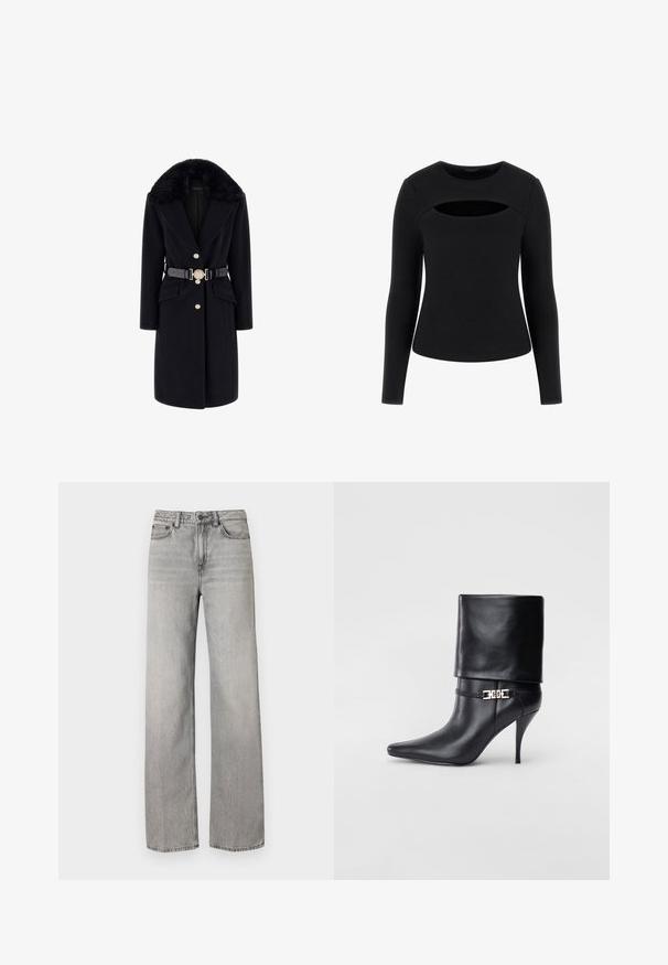 Črn volnen plašč z umetnim krznom na ovratniku, zlate gumbe, sprednje žepe in črn pas z okrasno okroglo spono. Dolgi rokavi in krojen kroj.; Črn dolg rokav vrh s rebrasto teksturo in edinstvenim izrezom na prsih, okroglo ovratnik in prilegajoč silhuet.; Sive traperice širokih nogavica z zmerno pranjeno obdelavo, s klikom za zapiranje, petimi žepi in standardnimi šivnimi detajli.; Črne usnjene gležnjarje z ostrim nosom, visokim stiletto peto, zavihanim robom in zlatim okrasnim zaponko na gležnju.