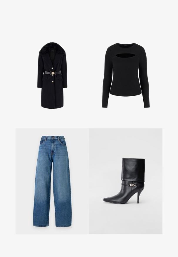 Abrigo de lana negro con cuello de piel sintética, botones dorados, bolsillos frontales y un cinturón negro con una hebilla redonda decorativa. Mangas largas y corte entallado.; Top negro de manga larga con textura acanalada y un detalle de corte único en el pecho, con escote redondo y silueta ajustada.; Jeans de mezclilla azul de pierna ancha con un diseño clásico de cinco bolsillos. Cuenta con un cierre de botón y un desgaste ligero para aportar textura.; Botín de cuero negro hasta el tobillo con punta afilada, tacón alto de aguja, puño doblado y un detalle decorativo de hebilla dorada en el tobillo.