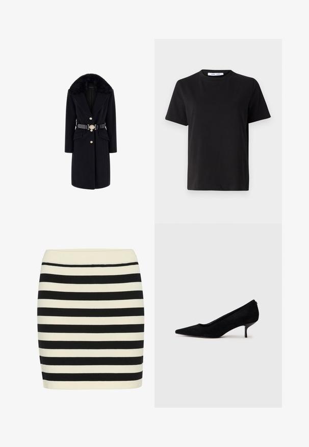 Fekete gyapjúkabát műszőrme gallérral, aranygombokkal, elülső zsebekkel és díszes kerek csattal ellátott fekete övvel. Hosszú ujjak és igényes szabás.; Fekete, rövid ujjú póló, puha pamutból készült, kerek nyakkivágással, laza szabással és sima textúrával. Nincs látható minta vagy grafikák.; Fekete és krémszínű csíkos kötött szoknya, testhezálló fazon, bordázott derékpánttal. A vízszintes csíkok szélességek váltakoznak a vizuális textúra érdekében.; Fekete velúr magassarkú cipő hegyes orral és vékony, alacsony sarokkal. Simább textúrájú, letisztult dizájn, amelyen nincsenek látható fém alkatrészek.
