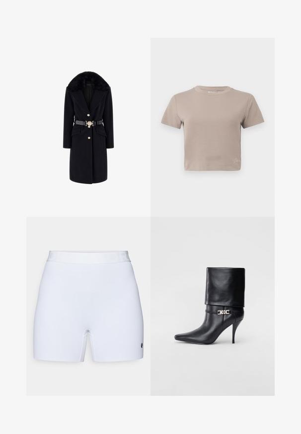 Čierny vlnený kabát s umelým kožušinovým golierom, zlatými gombíkmi, prednými vreckami a čiernym opaskom so zdobenou okrúhlou sponou. Dlhé rukávy a priliehavý strih.; Kratký rukáv, svetlohnedé tričko s posadeným výstrihom a malým značkovým detailom pri dolnom leme.; Biele šortky z hladkej, elastickej tkaniny. Majú pevnú elastickú pásovku s embosovaným textom a malým logom na spodnej strane.; Čierna kožená členková topánka s špicatou špičkou, vysokým ihlovým podpätkom, prehnutým manžetom a zlatým dekoratívnym sponou na členku.