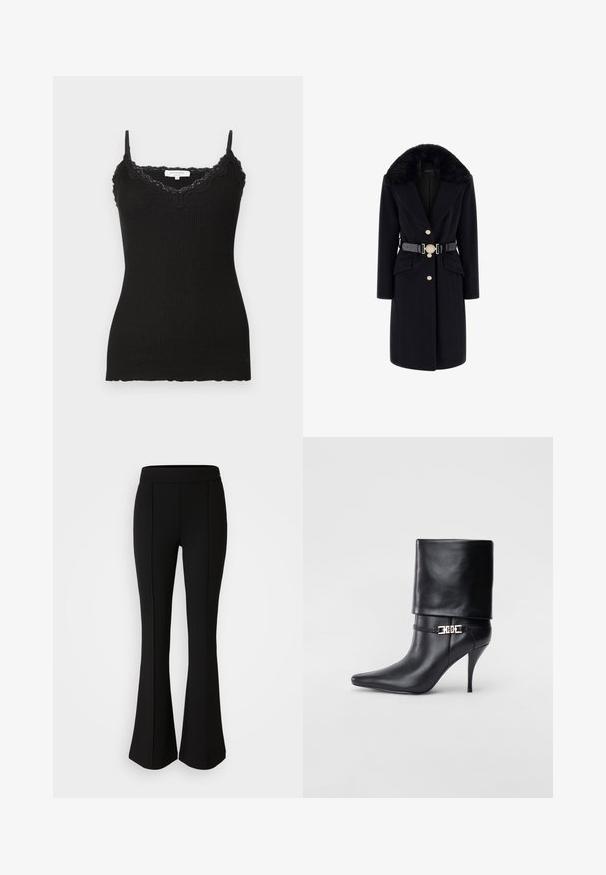 Crni vuneni kaput s umetkom od umjetnog krzna oko ovratnika, zlatnim gumbima, prednjim džepovima i crnim remenom s dekorativnom okruglom kopčom. Dugi rukavi i kroj prilagođen tijelu.; Crna rebrasta majica bez rukava s čipkastim rubom na dekolteu i hemu. Ima podesive naramenice. Tkanina izgleda mekano s prilagođenim siluetom.; Crne raširene hlače izrađene od rastezljivog materijala s glatkom teksturom, s detaljima šava uz prednju stranu koji dodaju dizajnerski efekt.; Crna kožna gležnjača s šiljastim prstom, visokim stiletto potplatom, preklopnim rubom i zlatnom dekorativnom kopčom na gležnju.
