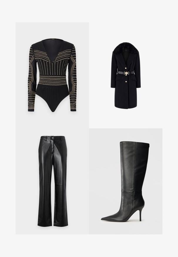 Must mustrist jakk faux karvaseguga kaeluses, kuldsete nööpidega, ees taskutega ja must vööt dekoratiivse ümmarguse pandlaga. Pikkade varrukatega ja kohandatud lõikega.; Must mustlik bodysuit pikkade varrukatega, millel on sügav V-dekoltee ja kuldsetest nölkudest kaunistused, mis on paigutatud lineaarse mustriga rinna ja külgede ümber.; Mustad nahkpüksid sirge jala disainiga, millel on esine nööp sulgemine, vöörihmade silmad ja sile, poleeritud tekstuur.; Mustad nahast kuni põlveni ulatuv saabas terava ninaga ja kitsa tikk-kandaga, siledate tekstuuriga, külgprofiil neutraalsel taustal.