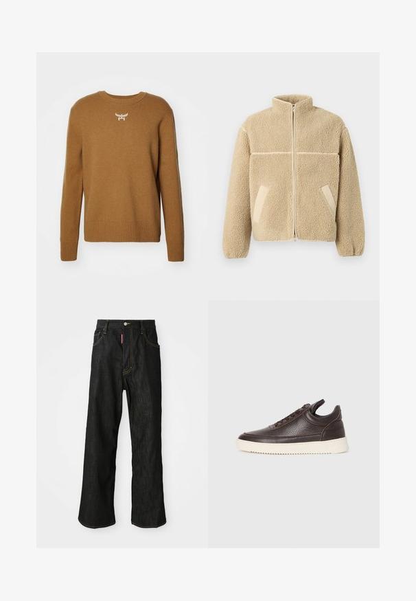 Jachetă din fleece bej cu gât înalt, închidere cu fermoar frontal și două buzunare laterale. Are un material texturat, moale și un panou contrastant.; Pulover maro cu guler rotund, cu manșete și tiv din tricot, realizat dintr-un material moale, având un mic emblemă albă pe piept.; Jeans negri cu croi drept, cusături galbene, design cu cinci buzunare, închidere cu buton și un mic etichetă roșie pe buzunarul din dreapta față.; Tenis din piele texturată, de culoare maro închis, cu șireturi în față și talpă din cauciuc alb, cu margini, pe un fundal deschis.