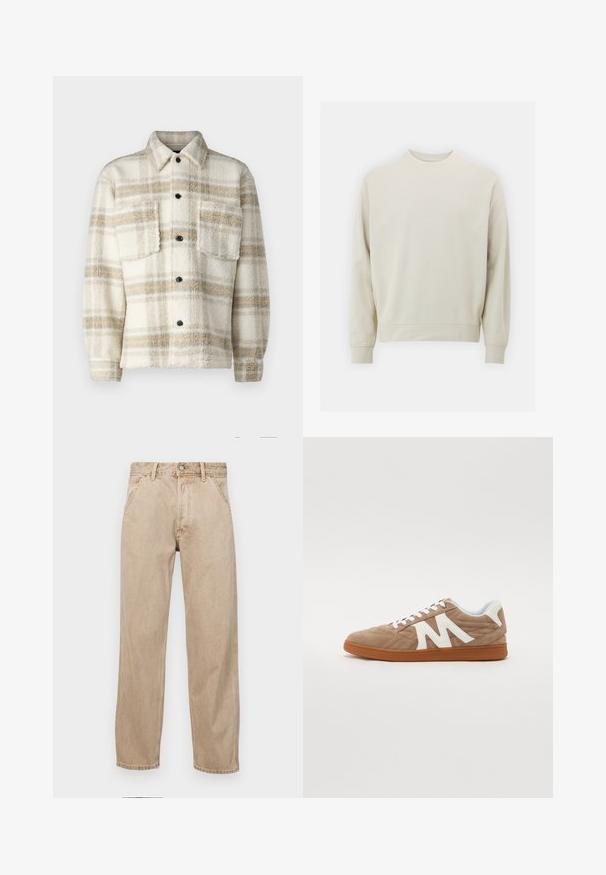 Fleece-Blockjacke in Creme mit grauen und gelben Streifen. Verfügt über einen Kragen, zwei Brusttaschen und schwarze Knöpfe. Weiche Textur.; Helles beiges Sweatshirt aus weichem Stoff mit Rundhalsausschnitt, langen Ärmeln und gerippten Bündchen und Saum. Minimalistisches Design, keine sichtbaren Muster.; Beige Denim-Jeans mit geradem Beinschnitt, ausgestattet mit Vordertaschen, einem Metallknopfverschluss und feiner Textur.; Schnürsneaker mit einem Obermaterial aus braunem Wildleder, weißen Stoffakzenten, gestepptem Design und einer braunen Gummisohle. Verfügt über ein auffälliges "M"-Logo.