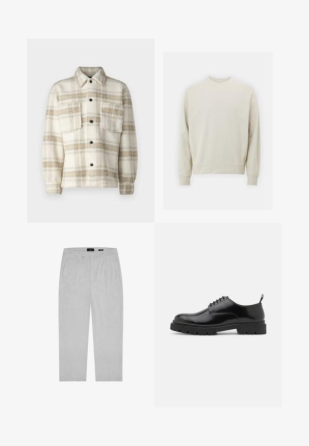 Fleece rutete jakke i krem med grå og gul striper. Har krage, to brystlommer og svarte knapper. Myk tekstur.; Lys beige sweatshirt laget av myk stoff med rund hals, lange ermer og ribbestrikkede mansjetter og hem. Minimalistisk design, ingen synlige mønstre.; Lysegrå bukser med en subtil tekstur, som har frontrynker, sidelommer og beltehemper. Rett ben-design, minimalistisk stil.; Sorte lær lace-up sko med rund tå, glat overflade og rillet gummisål. Har en lille hæl og en pull-tab bagpå.