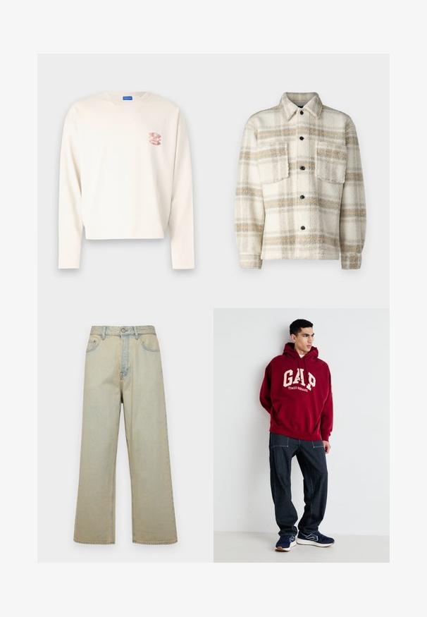 Fleece plaid jacket in cream with gray and yellow stripes. Features a collar, two chest pockets, and black buttons. Soft texture.; Long-sleeve cream cotton t-shirt with a cropped design, featuring a pink graphic logo on the left chest and a classic crew neckline.; Light blue wide-leg jeans made of denim with a faded finish. Features five pockets and a front button closure.; Maroon hoodie with "GAP" and "TIMES SQUARE" printed in cream, paired with navy striped pants and navy sneakers with white accents.