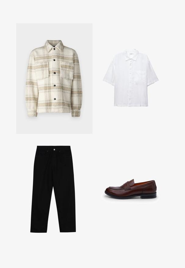 Fleece checkovaná bunda v krémové barvě s šedými a žlutými pruhy. Obsahuje límec, dvě náprsní kapsy a černé knoflíky. Měkká textura.; Bílé krátké tričko s krátkým rukávem, zapínáním na knoflíky, límečkem a jednou náprsní kapsou. Vyrobeno z lehké látky s hladkou texturou.; Černé džíny s rovně střiženými nohavicemi, designem pěti kapes a předním zapínáním na knoflík. Hladký povrch s minimem švových detailů.; Hnědý kožený loafers s hladkým povrchem, zaoblenou špičkou, kontrastním prošitím a nízkým podpatkem. Obsahuje dekorativní pásek přes nárt.