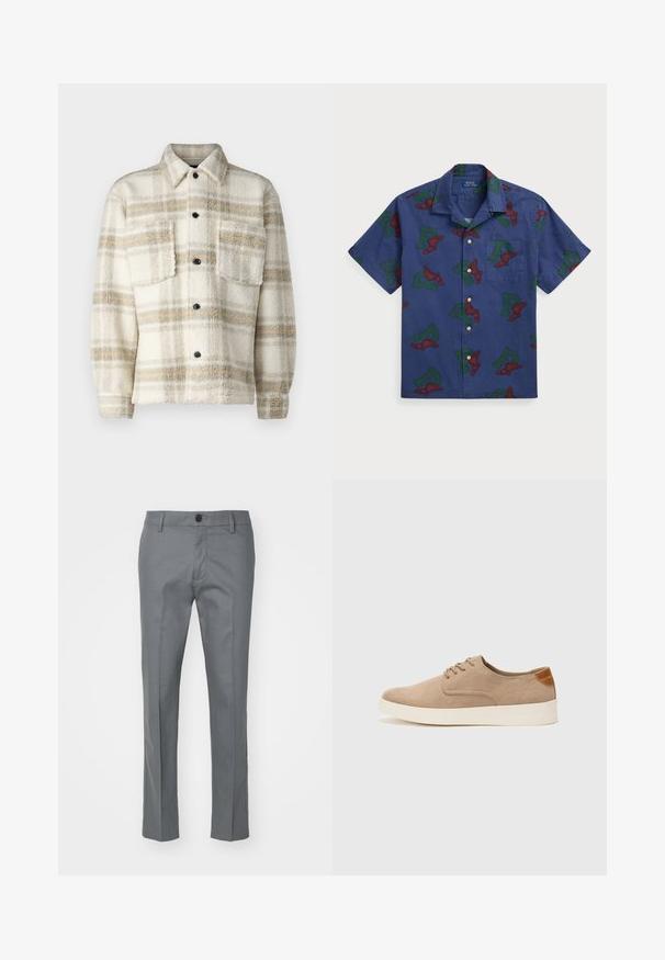 Krekls ar flīsa šūnu rakstu krēmkrāsā ar pelēkām un dzeltenām svītrām. Ar apkakli, divām krūšu kabatām un melniem pogām. Mīksta tekstūra.; Kratās piedurknēs pogājama krekla zils kokvilnas, ar atkārtotu sarkanu un zaļu spārnoto "P" grafiku un krūšu kabatu.; Pelēki bikses no gludas auduma, ar taisnā kāju dizainu, vienu priekšējo pogu un smalkiem sānu kabatām funkcionālitātei.; Beige zamšādas kedas ar noapaļotu purngala daļu, auklēm saplacinātu priekšpusi un teksturētu aizmugures akcentu. Balta gumijas zole nodrošina kontrastu. Vienkāršs un mūsdienīgs dizains.