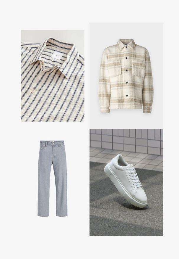 Krekls ar flīsa šūnu rakstu krēmkrāsā ar pelēkām un dzeltenām svītrām. Ar apkakli, divām krūšu kabatām un melniem pogām. Mīksta tekstūra.; Balta krekls ar ziliem vertikāliem svītrām, ar salocītu apkakli, pogu priekšpusi un teksturētu audumu. Zīmola etiķete redzama iekšpusē.; Gai zils džinsu audums ar brīvu piegriezumu, taisnu kāju dizainu, redzamām šuvēm, divām priekšējām kabatām un pogu aizdari.; Baltas ādas sporta apavi ar gludu virsmu, apaļu pirkstu un plakanām baltām šņorēm. Iezīmējas ar strukturētu gumijas zoli un minimālisma dizaina elementiem.