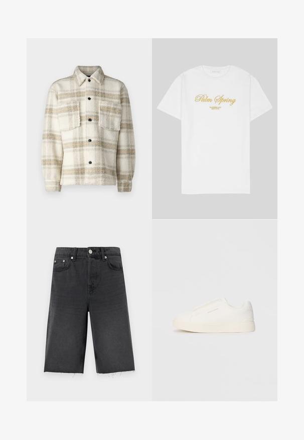 Fleece geruite jas in crème met grijze en gele strepen. Voorzien van een kraag, twee borstzakken en zwarte knopen. Zachte textuur.; Witte katoen t-shirt met gouden tekst waarop staat "Palm Spring" met daaronder "California Love Eighty Five", ontspannen pasvorm, ronde hals.; Zwarte denim shorts met een rechte snit, voorzien van een licht rafelige zoom, riemlussen, vijf zakken en zilverkleurige knoppen.; Witte instap sneakers met een gestructureerd oppervlak, een dikke zool en een minimalistisch ontwerp. Bevat het merklogo aan de zijkant.