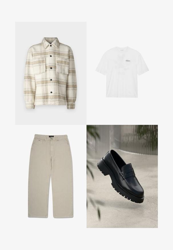 Fleece rutete jakke i krem med grå og gul striper. Har krage, to brystlommer og svarte knapper. Myk tekstur.; Hvit bomull t-skjorte med korte ermer, med et trykk foran som sier "Svev inn i stillhet" i svart og grønt.; Beige, rette benbukser laget av bomull. Har to frontlommer og en liten baklomme. Dobbelt sydd sømmer øker holdbarheten.; Sorte lærloafere med en kraftig såle, som har en dekorativ rem og sømdetaljering. Glatt tekstur med en polert overflate.