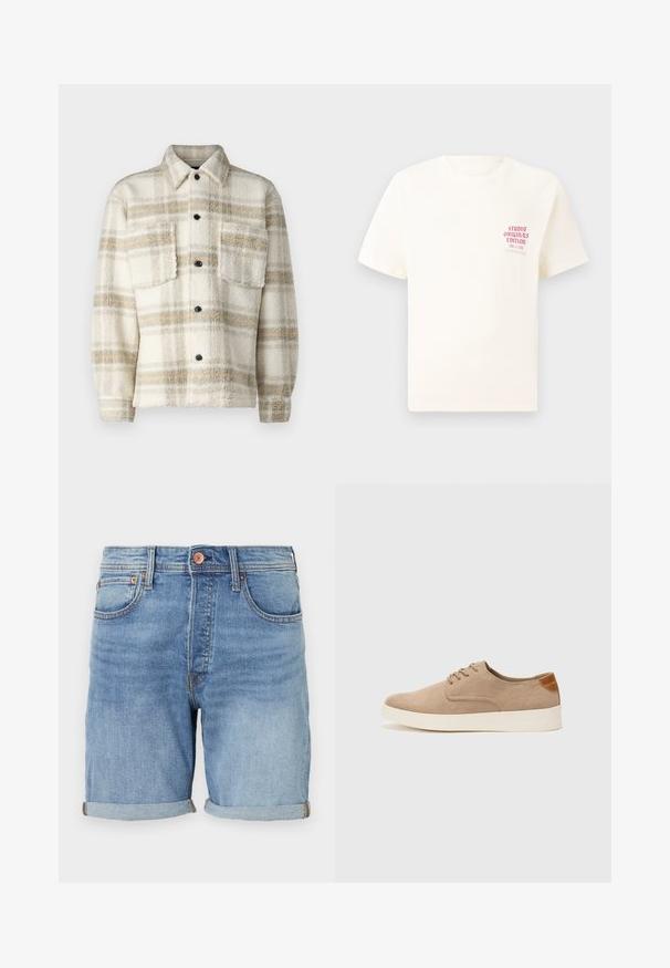 Fleece plaid jacket in cream with gray and yellow stripes. Features a collar, two chest pockets, and black buttons. Soft texture.; White short-sleeve T-shirt with red text "Studio Originals Edition" on left chest, displayed on a neutral gray background.; Light blue denim shorts with a classic cut, rolled hem, front pockets, and copper button detailing. Soft texture and casual design.; Beige suede sneakers with a rounded toe, lace-up front, and a textured back accent. White rubber sole provides contrast. Simple and modern design.