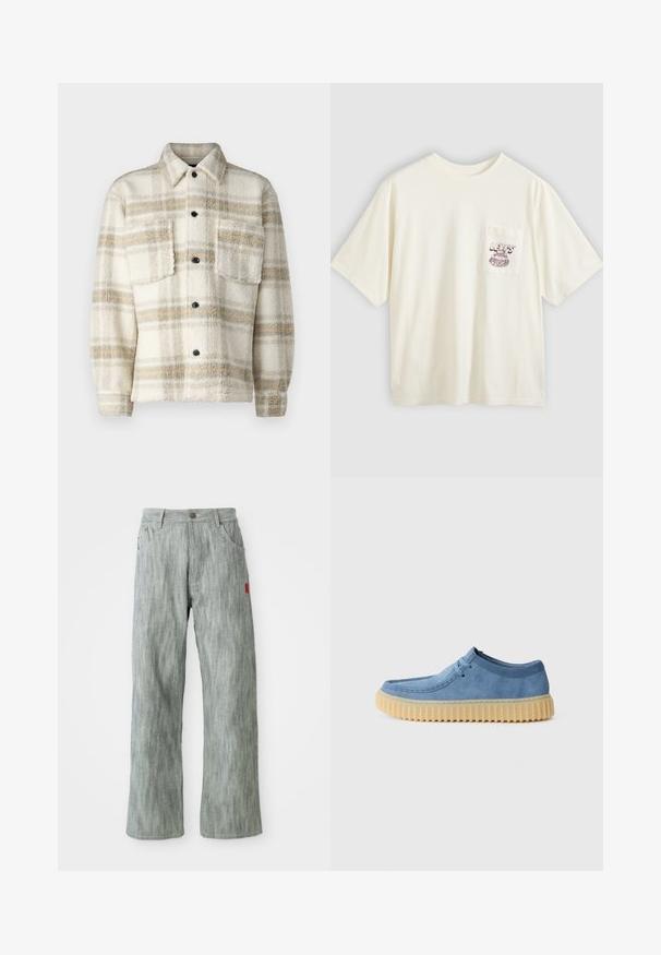 Kreemjas plüüsist ruuduline jakk hallide ja kollaste triipudega. Omab kraed, kahte rinna-taskut ja musti nuppe. Pehme tekstuur.; Eriti helevalge puuvillane lühikeste varrukatega T-särk, millel on vasakul rinnal tasku ning tumepunase graafilise tekstiga disain. Lõdvestunud istuvus ja ümmargune kaelus.; Heledad hallikas sirge säärega teksapüksid, millel on ees ja taga taskud, nupuga sulgemine ning väike punane kangast silt paremal küljel.; Mugav sinine nahast king, millel on pruuni värvi sooneline konts, madal disain ja nööridega ees, kujutatud profiilis ühel lihtsal valgel taustal.