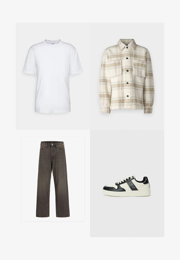 Fleece-Blockjacke in Creme mit grauen und gelben Streifen. Verfügt über einen Kragen, zwei Brusttaschen und schwarze Knöpfe. Weiche Textur.; Weißes Baumwoll-T-Shirt mit Rundhalsausschnitt, kurzen Ärmeln und geradem Saum. Auf der linken Seitennaht befindet sich ein kleines Markenzeichen.; Weite Jeans aus dunkelgrauem Denim mit hoher Taille, klassischem Fünf-Taschen-Design und kontrastierendem Stepp entlang der Nähte.; Leder-Sneaker in Schwarz- und Cremetönen, mit perforierten Akzenten, einem gepolsterten Kragen und einer strukturierten Laufsohle.