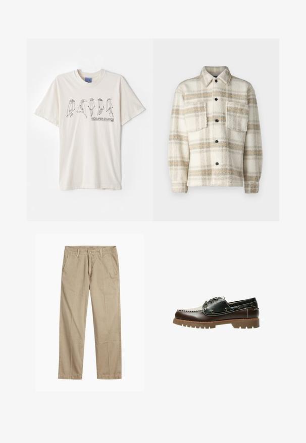Veste en polaire à carreaux crème avec des rayures grises et jaunes. Dotée d'un col, de deux poches poitrine et de boutons noirs. Texture douce.; T-shirt en coton couleur crème à manches courtes, avec un design abstrait noir et le texte "KIDSUPER STUDIOS" au centre.; Chinos beiges à jambes droites avec passants de ceinture, fermeture par bouton et fermeture éclair à l'avant, et poches avant en biais.; Chaussure bateau en cuir marron et noir avec lacets, coutures contrastées et semelle en caoutchouc texturée. Comprend des œillets métalliques et un bout arrondi.