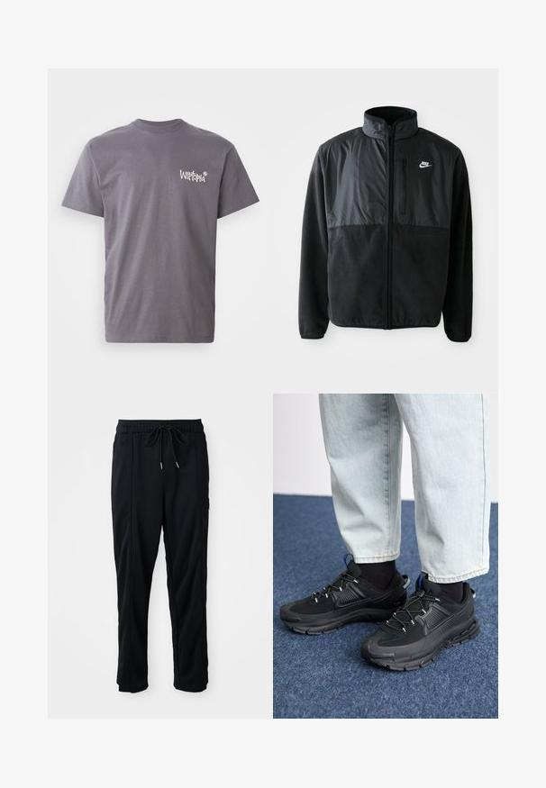 Giacca in pile nera Nike con zip completa, colletto alto, tasca sul petto con zip e pannello in tessuto a contrasto sulla parte anteriore superiore.; Maglietta in cotone grigia con scollo rotondo e maniche corte, con il logo bianco "Witopia" stampato sulla parte sinistra del petto.; Pantaloni casual neri con elastico in vita, tasche laterali e taglio dritto su uno sfondo uniforme.; Scarpe sportive nere con tessuto testurizzato e suole in gomma, dotate di lacci elastici e un accento blu sul tallone. Indossate con pantaloni in denim chiaro.