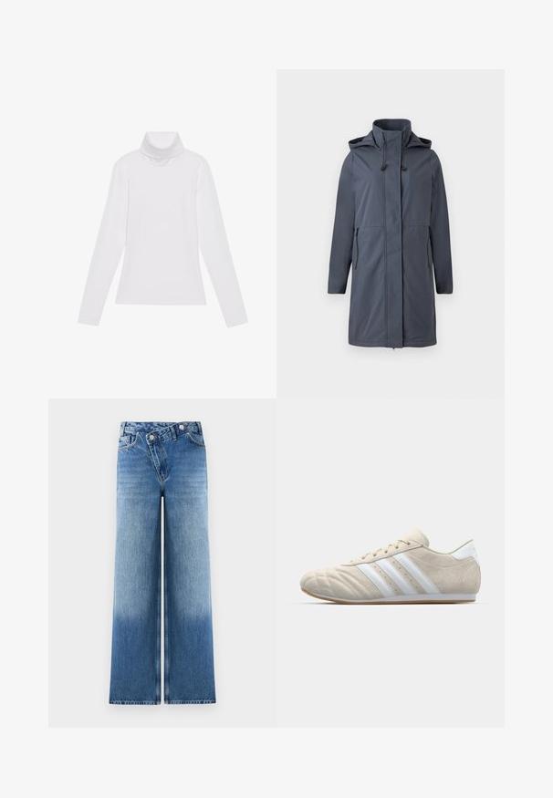 Tamnosivi vodootporni kaput s visokim ovratnikom, podesivom kapuljačom, prednjim zatvaranjem na zip, i dva bočna džepa na zip. Glatka tekstura i dugi rukavi.; Bijela majica dugih rukava s rolificom izrađena od glatkog, rastezljivog materijala. Ima visoki ovratnik i uski kroj, bez vidljivih uzoraka ili ukrasa.; Svijetloplave široke traperice s izblijedjelim pranjem, s klasičnim dizajnom pet džepova i metalnim gumbima kao akcentima na struku.; Svjetlosmeđe nubuk cipele s okruglim vrhom, bijelim trostrukim linijama i potplatom od gume. Imaju šavove i nisku siluetu.