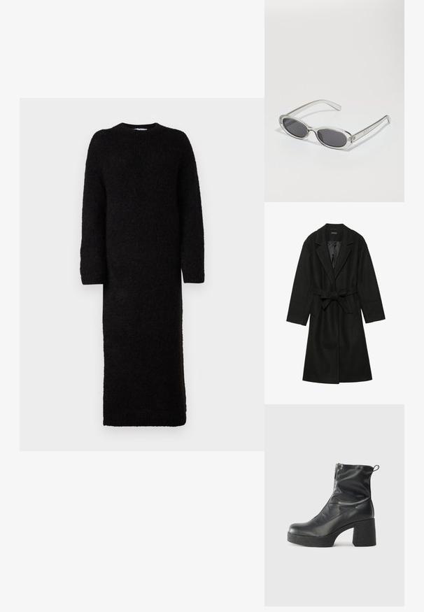 Even&Odd BELTED COAT - Κλασικό παλτό - black; Μαύρο μακρύ φόρεμα που μοιάζει με πουλόβερ, κατασκευασμένο από κεντημένο ύφασμα, με στρογγυλή λαιμόκοψη και μακριά μανίκια, σε ίσια γραμμή.; Μαύρες μποτές μέχρι τον αστράγαλο από λείο δέρμα, με πλευρικό φερμουάρ, χοντρό υφασμάτινο τακούνι και στρογγυλή μύτη.; Γυαλιά ηλίου με οβάλ σχήμα, διαφάνειας πλαστικό σκελετό, σκούρους γκρίζους φακούς και λεπτούς διαφανείς βραχίονες με λογότυπα και ελάχιστες λεπτομέρειες.