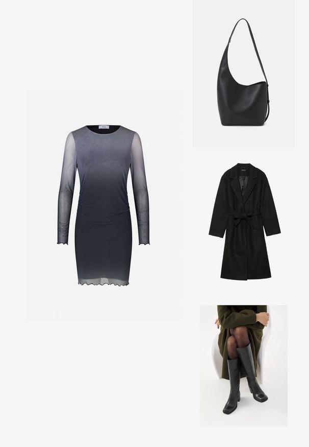 Even&Odd BELTED COAT - Klasikinis paltas - black; Keliaraiščio ilgio suknelė su ilgomis permatomomis rankovėmis. Gradientinis dizainas, pereinantis iš tamsiai pilkos į šviesiai pilką. Minkšta medžiaga, apvalus iškirpimas, švelniai nertai žemiau.; Juodos odinės pradžios ilgio bateliai su kvadratu formos nosimi ir bloko kulnu, demonstruojami su modeliu, sėdinčiu alyvuogių žalios spalvos švarku. Lygi tekstūra, minimalus puošimas.; Juodas odinis hobo maišas su lygiu paviršiumi, kreipta forma ir viena reguliuojama rankena; turi platų atidarymą viršuje.