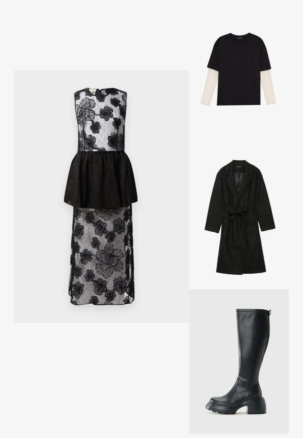 Even&Odd BELTED COAT - Palton clasic - black; Rochie neagră cu un overlay din dantelă cu motive florale, talie peplum, design fără mâneci și o siluetă lungă, fluidă.; Tricou negru din bumbac, cu mâneci scurte, peste un strat alb cu mâneci lungi, având un model texturat subtil. Design cu guler rotund.; Cizme lungi din piele neagră cu talpă platformă masivă și tocul pătrat, având un tab de tragere și un model texturat pe talpa exterioară.