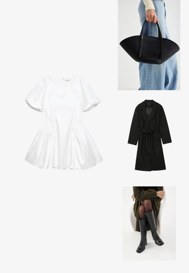 Even&Odd BELTED COAT - Manteau classique - black; Robe blanche à manches bouffantes en tissu doux, avec un col rond, des côtés froncés et une jupe évasée. Fermeture éclair au dos.; Bottes en cuir noires arrivant au genou, avec un bout carré et un talon carré, présentées sur un modèle assis dans un manteau vert olive. Texture lisse, détails minimaux.; Sac à main en cuir noir avec une forme de éventail unique, doté de poignées plates. La surface présente une texture granuleuse et un design minimaliste.