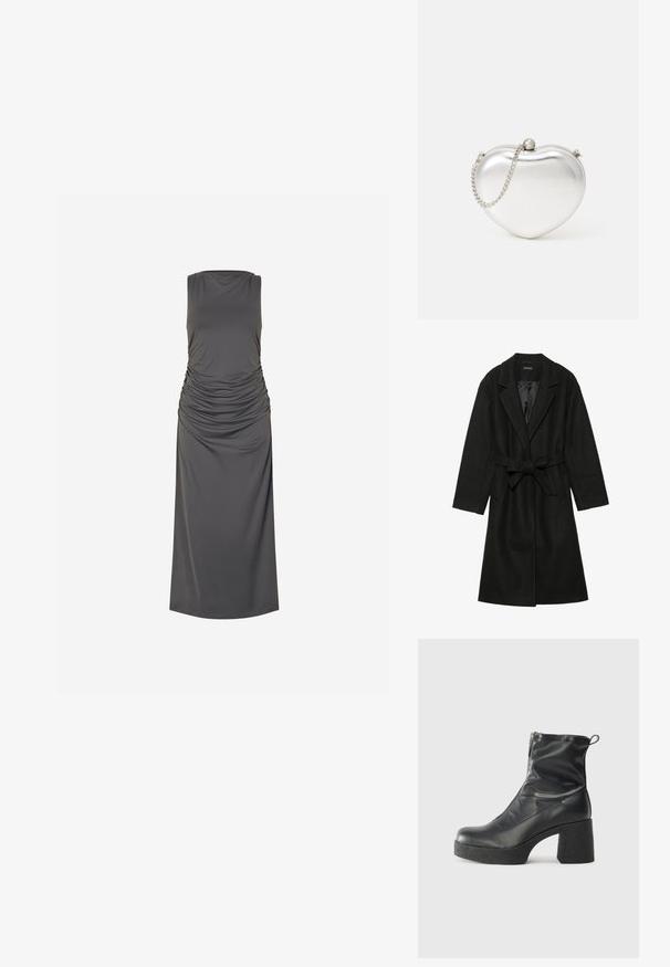 Even&Odd BELTED COAT - Klasičan kaput - black; Tamnosiva midi haljina bez rukava s rufljama sa strane i visokim izrezom, na jednostavnoj bijeloj pozadini.; Crne gležnjače od glatke kože, s bočnim zatvaračem, debelim teksturiranim potplatom i dizajnom s zaobljenim prstima.; Clutch torba u obliku srca, metalik srebrne boje, sa glatkom teksturom, zatvaranjem na kopču i srebrnom lancem.