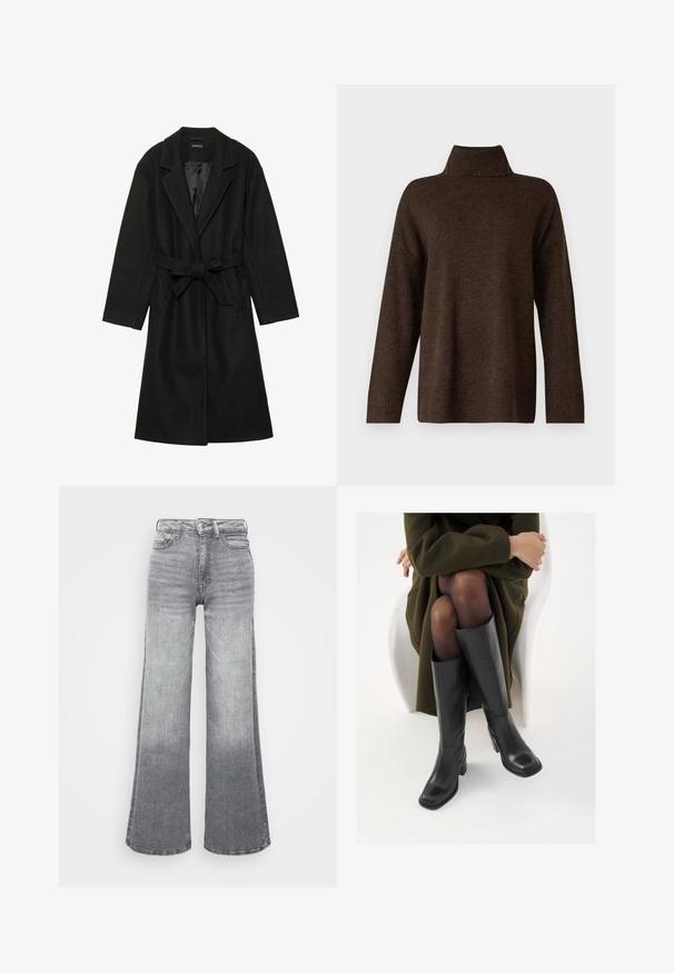 Even&Odd BELTED COAT - Abrigo clásico - black; Suéter marrón de punto con un alto cuello acanalado, mangas anchas y una textura suave. Presenta un corte relajado y detalles acanalados en las mangas.; Jeans de mezclilla gris de pierna ancha con un degradado de claro a oscuro, que cuentan con una cintura alta, diseño de cinco bolsillos y un cierre de botón clásico.; Botas de cuero negro hasta la rodilla con puntera cuadrada y tacón de bloque, presentadas con un modelo sentado en un abrigo verde oliva. Textura suave, mínimo detalle.