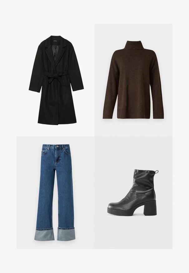 Even&Odd BELTED COAT - Casaco clássico - black; Suéter castanho de malha com um colarinho alto canelado, mangas largas e uma textura suave. Apresenta um corte descontraído e detalhes em canelado nas mangas.; Calças de ganga azul de perna larga com bainha desfiada e detalhes decorativos em prateado nas bainhas. Apresenta um fecho de botão e design de cinco bolsos.; Botas de tornozelo pretas feitas de couro liso, com fecho lateral, salto grosso texturizado e design de bico arredondado.