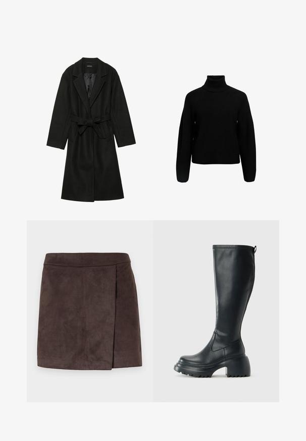 Even&Odd BELTED COAT - Klassisk frakke - black; Sort striktrøje med høj hals, ribbet tekstur og brede ærmer. Har en afslappet pasform og struktureret mønsterdetaljer.; Brun faux suede mini nederdel med en glat tekstur, der har en sidesfold detalje, lige vidde nederst og en tætsiddende talje.; Høj sort læderstøvle med kraftig platformssål og blokhæl, med trækstrop og tekstureret sål.