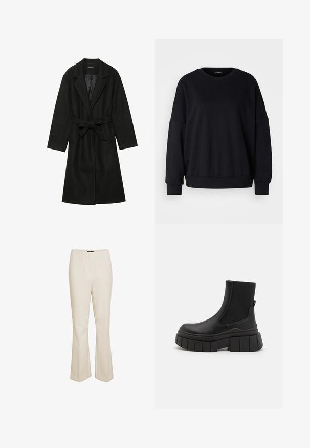 Even&Odd BELTED COAT - Klasický kabát - black; Černá mikina s kulatým výstřihem, uvolněný střih, spadlá ramena, žebrované manžety a texturovaná tkanina. Minimální design bez vzorů.; Béžové kalhoty na míru vyrobené z hladkého materiálu, s rozšířením ve spodní části a středně vysokým pasem s diskrétním předním švem.; Černé kotníkové boty vyrobené z hladké kůže s elastickými bočními panely, masivní platformou a strukturovaným vzorem na podrážce.