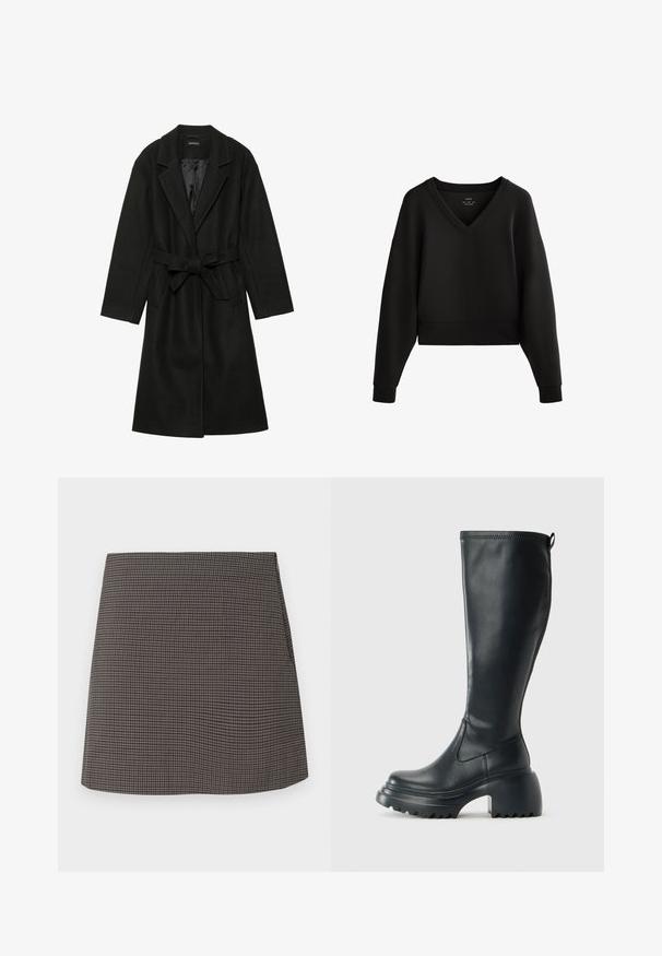 Even&Odd BELTED COAT - Klassinen takki - black; Musta lyhytcropattu huppari, jossa on V-pääntie, pitkät hihat ja ribbireunat. Valmistettu pehmeästä ja sileästä kankaasta, minimalistisella muotoilulla.; Suora mini hame, jossa on pieni musta ja harmaa houndstooth-kuvio, ei näkyviä koristeita tai taskuja.; Korkeat mustat nahkakengät, joissa on paksu pohja ja lohkare korko, varustettuna vetonauhalla ja tekstuurilla ulkopohjassa.