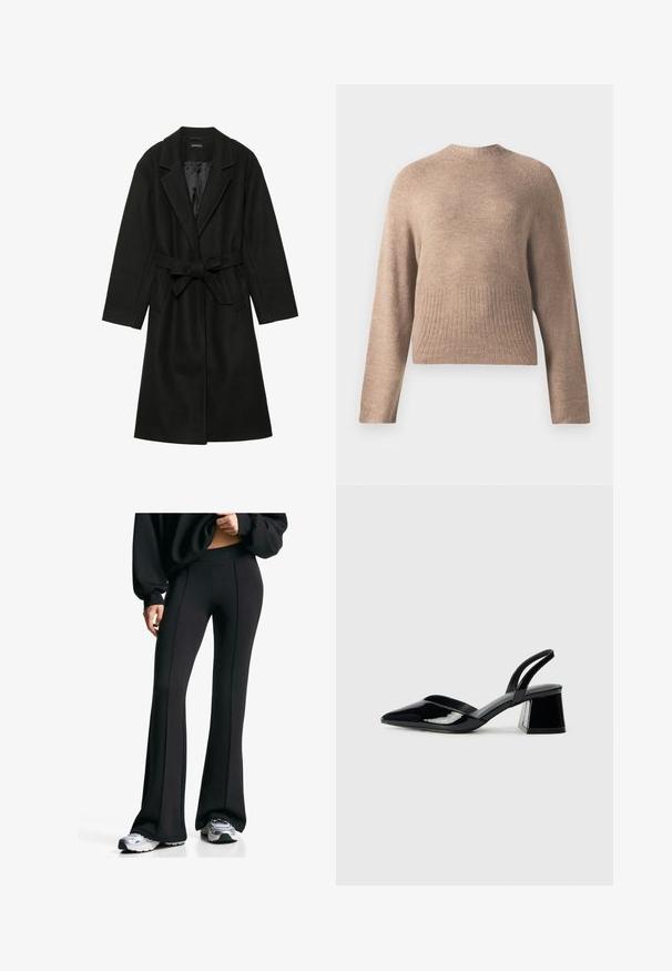 Even&Odd BELTED COAT - Klasický kabát - black; Beige pletený svetr s kulatým výstřihem, dlouhými rukávy a žebrovaným lemem. Měkká textilie a volný střih s designem raglánových rukávů.; Černé rozšířené kalhoty s vysokým pasem a bočními švy. Vyrobeny z elastického materiálu, mají hladký povrch. Kombinovány s sportovními botami.; Černé lakované kožené lodičky na pásku s špičatou špičkou a geometrickým blokovým podpatkem. Vyznačují se elegantním, minimalistickým designem a hladkým povrchem.