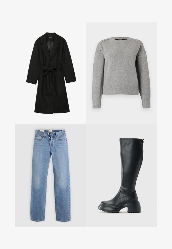Even&Odd BELTED COAT - Klassisk kåpe / frakk - black; Lys grå genser med rund hals, ribbestrikkede mansjetter og hem, og en myk tekstur. Har senkede skuldre for en avslappet passform.; Lyseblå denimjeans med rett ben-design, metallknapp-lukking, frontlommer og subtile falmingsdetaljer gjennom hele.; Høy svart lærstøvel med chunky plattformsåle og blokkhelt, med trekkstang og teksturert mønster på yttersålen.