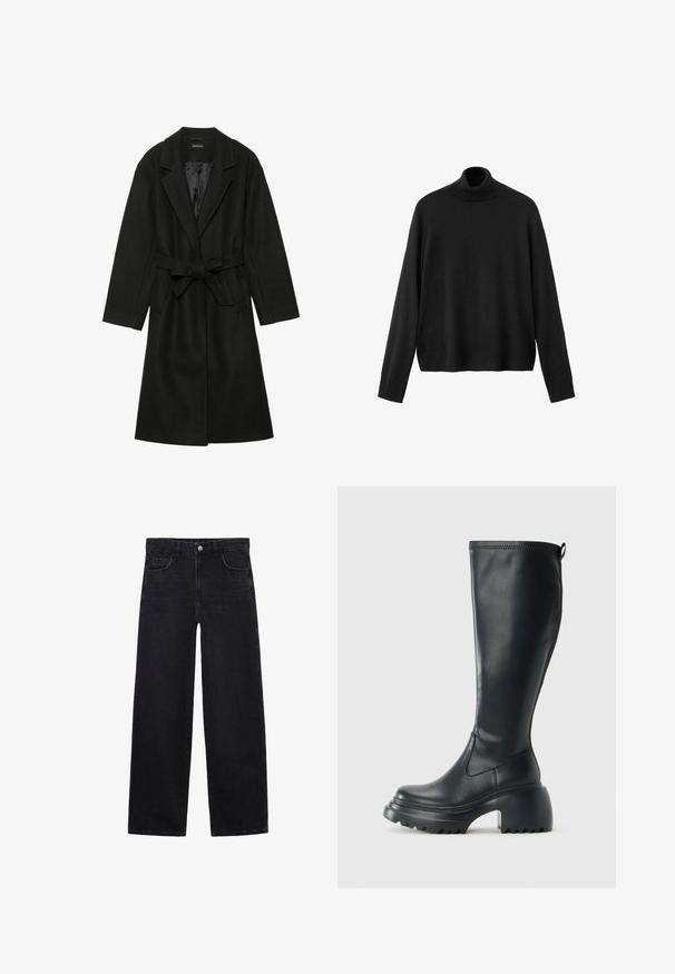 Even&Odd BELTED COAT - Klasični plašč - black; Črni pulover z visokim ovratnikom, narejen iz pletenega materiala, ima dolge rokave, prilegajoč ovratnik in rahlo skrajšan rob. Gladek tekstura, enobarvna.; Črne široke kavbojke iz denima s klasičnim pet-pocket dizajnom, zapiranjem na gumbe in ravnimi roba. Gladka tekstura in trpežna tkanina.; Visoka črna usnjena škornja s debelim podplatnim solejem in blok peto, opremljena s potegom in strukturiranim profilom na podplatu.