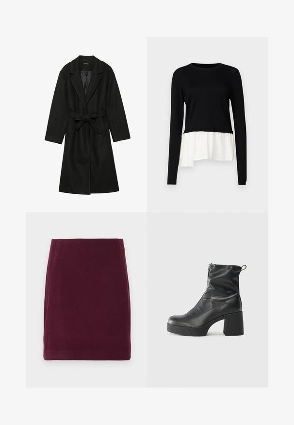 Even&Odd BELTED COAT - Manteau classique - black; Haut noir à manches longues avec un ourlet volanté blanc contrastant, col rond et texture douce. Conçu avec une coupe décontractée.; Vero Moda VMFORTUNALLISON SHORT - Jupe trapèze - winetasting; Bottes noires à la cheville en cuir lisse, dotées d'une fermeture éclair sur le côté, d'un talon épais texturé et d'une conception à bout rond.