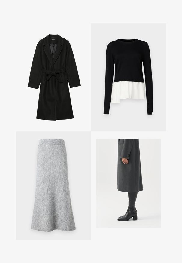 Even&Odd BELTED COAT - Klassikaline mantel - black; Must have pikema varrukatega must topp, millel on kontrastsed valged volangiga äärised, ümar kaelus ja pehme tekstuur. Koostatud mugava lõikega.; Aware VMMARS SKIRT - A-lõikeline seelik - light grey; Hallhalline, kohandatud ülikond jakk sirge lõikega; kombineeritud kuni põlveni ulatuvate mustade nahast saapadega, millel on nelinurkne varvas ja paks konts.