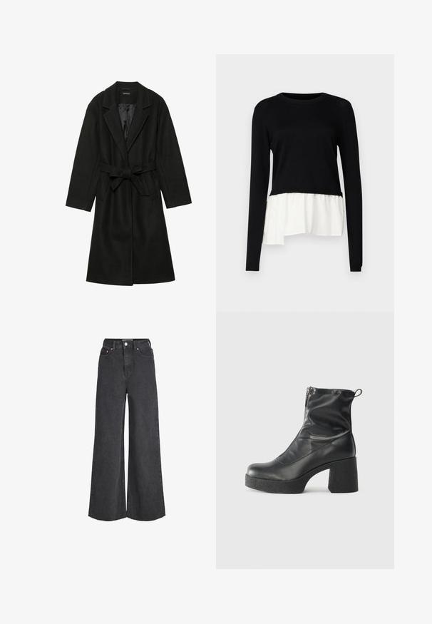 Even&Odd BELTED COAT - Klasikinis paltas - black; Juodas ilgomis rankovėmis viršus su kontrastingu baltu volančiu apvadu, apvalia iškirpte ir minkšta tekstūra. Sukurtas su laisvu siluetu.; Aukštos juosmens juodos plačios kojų džinsai su priekiniais mygtukais ir užtrauktuku, penkiomis kišenėmis ir nebaigtu hemu.; Juodos kulkšninių botai, pagaminti iš lygaus odos, su šoniniu užtrauktuku, masyviu tekstūruotu kulnu ir apvaliu pirštu.