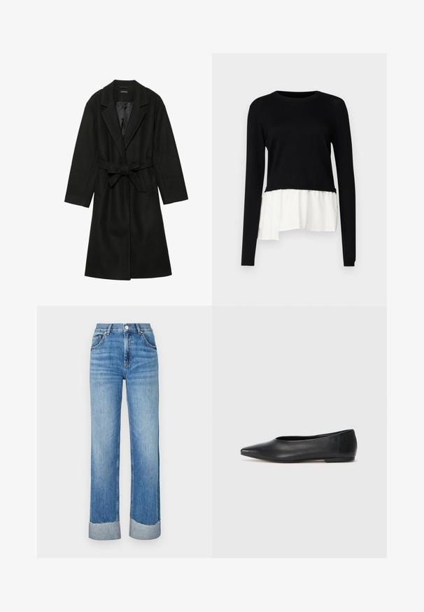 Even&Odd BELTED COAT - Klasisks mētelis - black; Melna garām piedurknēm augšdaļa ar kontrastējošu balto ruffles apakšmalu, apaļo kakla izgriezumu un mīkstu tekstūru. Izstrādāta ar brīvu piegriezumu.; Gai zili džinsi ar taisnu piegriezumu, ar apmales malu, piecu kabatu dizainu un klasisku pogu un rāvējslēdzēju aizdari.; Melna ādas baleta kurpe, ar norādītu purngalu, minimālisma dizains, gluda tekstūra, zema papēža augstums, bez redzamiem aksesuāriem vai rotājumiem.