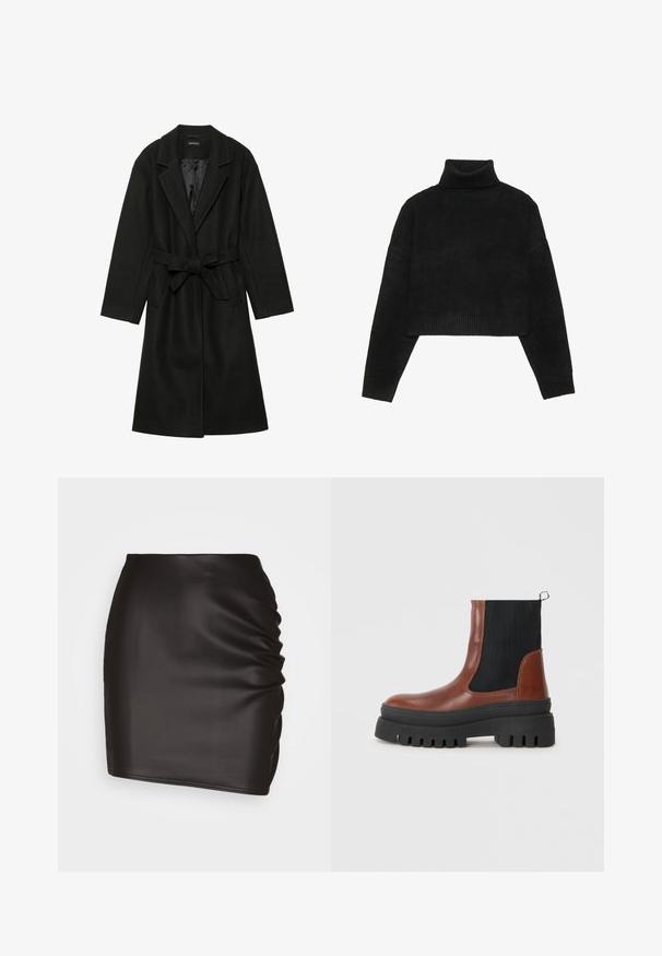 Even&Odd BELTED COAT - Klasikinis paltas - black; Juodas trumpas megztinis su raštuotu apykakle ir rankogaliais, pasižymintis lygiu paviršiumi ir laisvu siluetu. Paprastas, minimalistiškas dizainas.; Juoda mini sijonas, pagamintas iš glotnios sintetinės medžiagos, su raukiniais vienoje pusėje ir priguldančia siluetu.; Ruda odinė kulkšnės batai su juodomis elastinėmis juostelėmis, masyvi juoda guma padas ir užtrauktukas gale, kad būtų lengviau avėti.