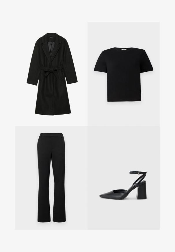 Even&Odd BELTED COAT - Klassikaline mantel - black; Must värviline lühikeste varrukate ja puuvillane T-särk. Omab ümmargust kaelust ja vaba lõiget. Lihtne disain ilma mustrite või aksessuaarideta.; Mustad, laienevad püksid, mis on valmistatud elastsetest kangast. Omab lamevööd, vööpaelu ja esikotte. Sile tekstuur ja kohandatud lõige.; Mustmustest must-käigukingad, millel on konksuga nöör ja paks konts. Ühtlane tekstuur, stiilne disain ja minimalistlik esteetika.