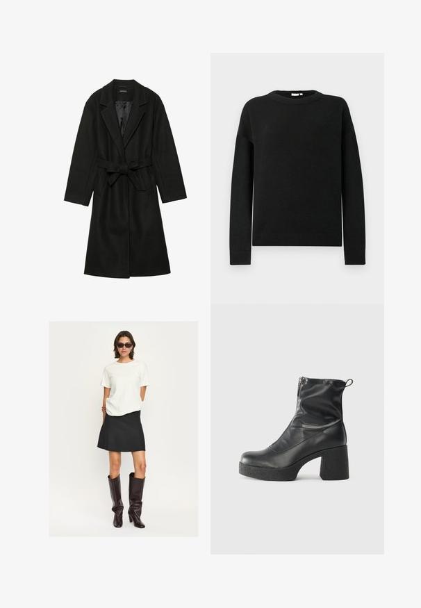 Even&Odd BELTED COAT - Klassischer Mantel - black; Schwarzer langärmeliger Rundhalsausschnitt-Pullover mit gerippten Bündchen und Saum, präsentiert auf einem schlichten hellgrauen Hintergrund.; Weißes Kurzarmoberteil kombiniert mit einem schwarzen, ausgestellt geschnittenen Minirock und glänzenden, dunkelbraunen kniehohen Stiefeln. Das Ensemble zeichnet sich durch klare Linien und Texturen aus.; Schwarze Stiefeletten aus glattem Leder mit seitlichem Reißverschluss, klobigem strukturiertem Absatz und runder Zehenform.