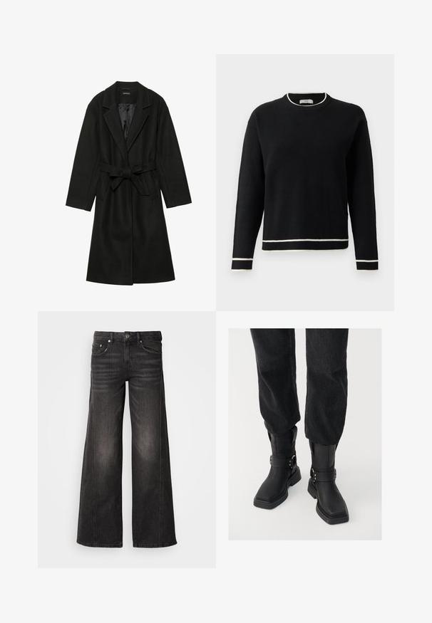 Even&Odd - Klasyczny płaszcz; Czarny sweter z długim rękawem i okrągłym dekoltem, z białymi wykończeniami na kołnierzyku, mankietach i dolnej części, prezentowany na prostym białym tle.; Szerokie, czarne jeansy z denimu z wyblakłymi detalami, w stylu z pięcioma kieszeniami, z zapięciem na guzik i zamek błyskawiczny.; Czarne skórzane botki za kostkę z kwadratowym noskiem, z szerokim paskiem i metalowym zapięciem. Botki mają masywną podeszwę i gładką fakturę.