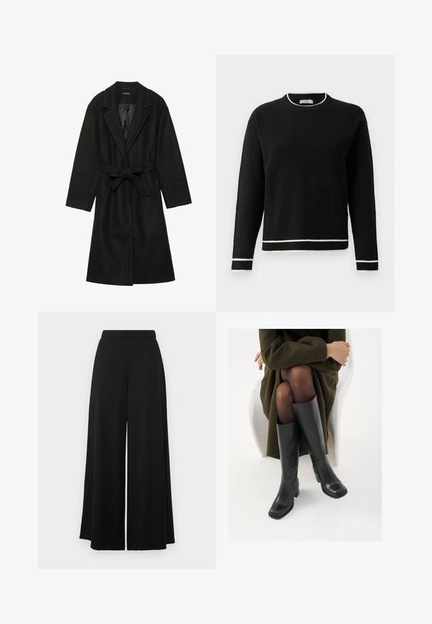 Even&Odd BELTED COAT - Klasičan kaput - black; Crna dukserica dugih rukava s okruglim izrezom, s bijelim rubom na ovratniku, manžetama i donjem dijelu, prikazana na jednostavnoj bijeloj pozadini.; Crne široke hlače s ravnim pojasom. Izrađene od glatkog, laganog materijala, s tečnim siluetom. Bez džepova ili ukrasa.; Čizme od crne kože do koljena sa četvrtastim vrhom i blok petom, prikazane s manekenkom koja sjedi u maslinasto zelenom kaputu. Glatka tekstura, minimalni detalji.