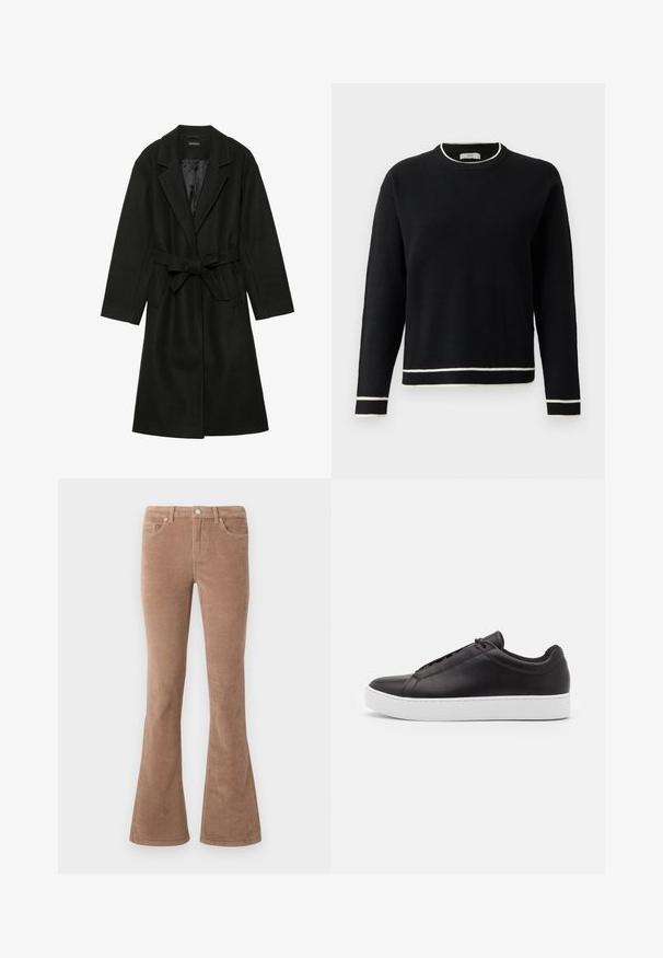 Even&Odd BELTED COAT - Klasikinis paltas - black; Juodas ilgomis rankovėmis megztinis su apvalia iškirpte, su balta apdaila ant kaklo, rankovių ir apatinės dalies, rodomas prieš paprastą baltą fono.; Rudos aksominius platėjančius kelnių, turinčius tekstūrinį paviršių, su penkiais kišenėmis, mygtukų užtrauktuku ir diržo kilpomis.; Juodi odiniai sportbačiai su lygiu paviršiumi, pasižymintys žemu dizainu ir storu baltu guminiu padu. Diskretiškos siuvimo detalės šonuose.