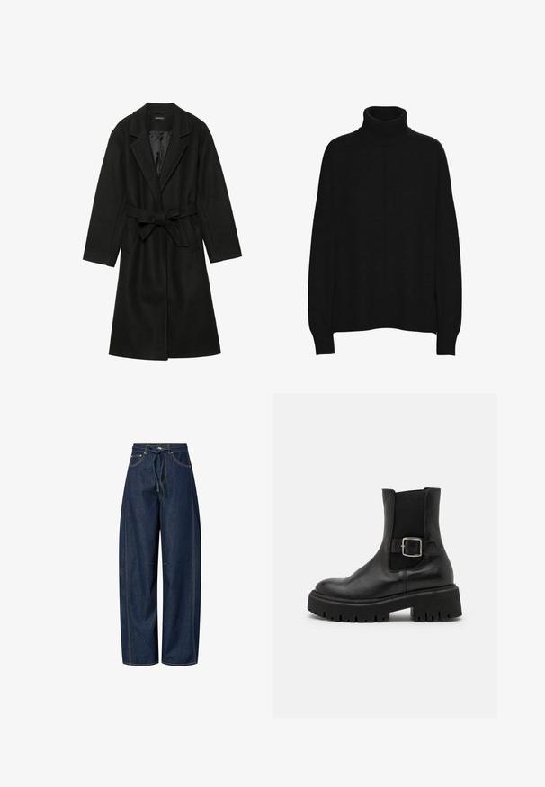 Even&Odd BELTED COAT - Klasický kabát - black; Černý rolák vyrobený z měkkého materiálu, s volným střihem, dlouhými rukávy, žebrovanými manžetami a hladkou texturou po celé ploše.; Široké denimové kalhoty v tmavě modré barvě s pasem na šňůrku, kontrastním prošíváním a dvěma předními kapsami. Hladká textura, uvolněný střih.; Černé kožené kotníkové boty s robustní podrážkou, elastickými bočními panely a postranním detailem s přezkou pro zvýšení designu.