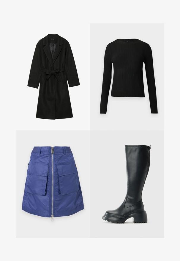 Even&Odd BELTED COAT - Klasszikus kabát - black; Fekete bordázott, hosszú ujjas, testhez simuló pulóver kerek nyakkivágással, világos, egyszínű háttér előtt kiemelve.; Tengerészkék, nylonból készült szoknya elülső cipzárral. Két nagy ragasztott zseb és strukturált siluett jellemzi. Sima textúra.; Magas fekete bőrcipő, vastag platform talppal és blokk sarokkal, húzófüllel és texturált profillal az outsole-on.