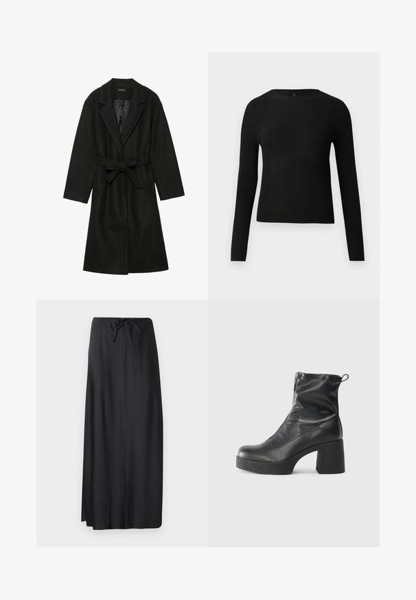 Even&Odd BELTED COAT - Palton clasic - black; Pulover negru cu mâncă lungă, cu textură ribbed, cu decolteu rotund, expus pe un fundal deschis și simplu.; Fustă maximă neagră, realizată dintr-un material neted și ușor, având o talie cu șnur și o siluetă dreaptă și fluidă. Fără modele sau accente.; Bocanci negri de glezna din piele netedă, cu fermoar lateral, toc texturat și masiv, și design cu vârf rotund.